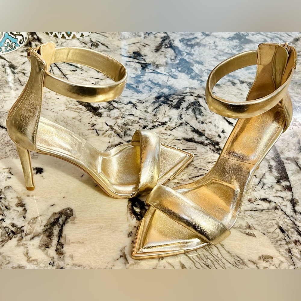 ALDO 'Contesa' Gold Leather Pointed Open Toe Ankle Strap Back Zip